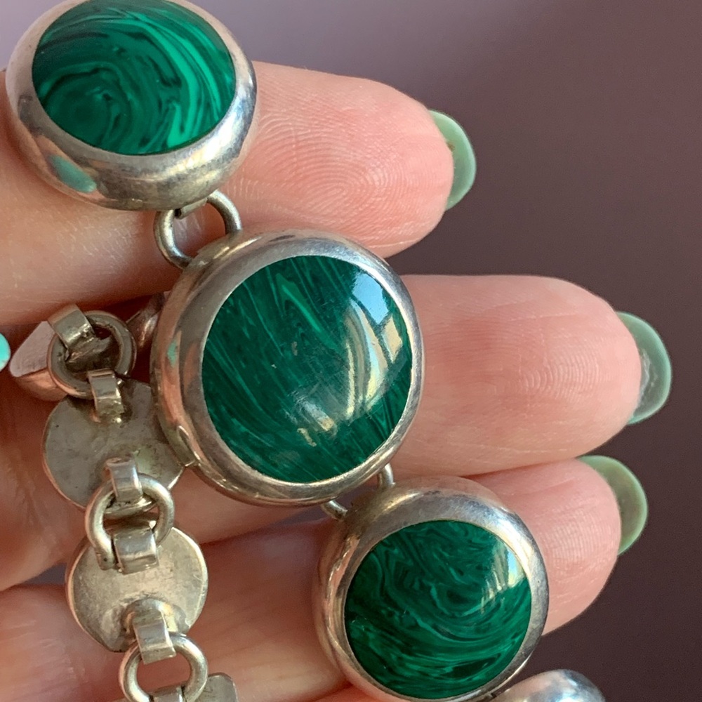 VINTAGE DESIGNER HOB HUGE GREEN GENUINE MALACHITE BRACELET 925 STERLING HEAVY